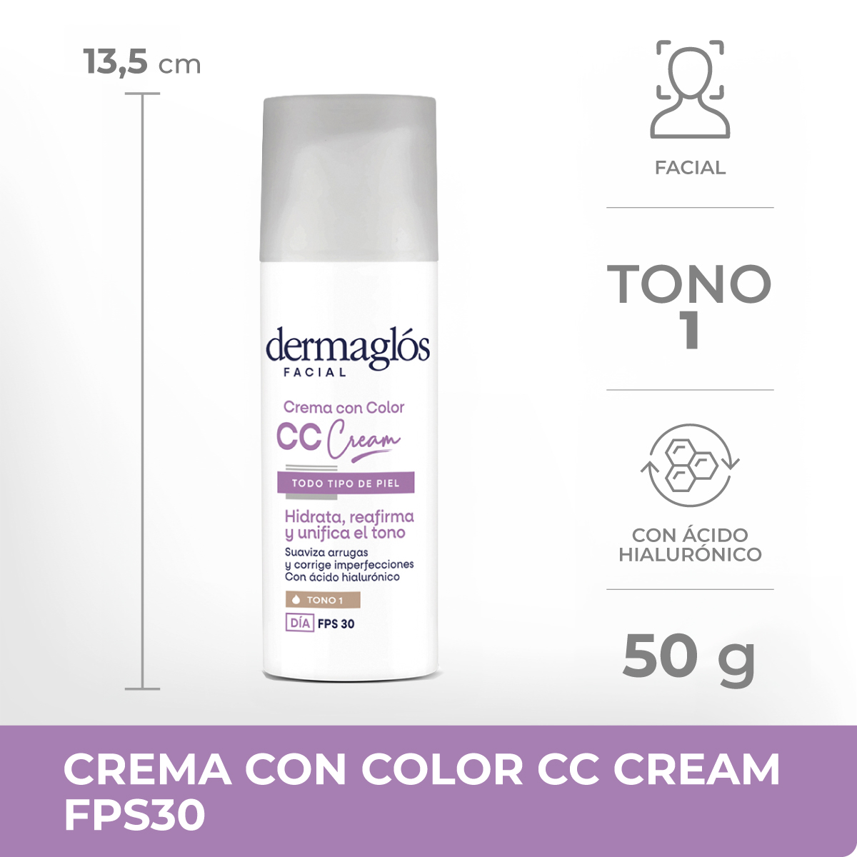 Crema con Color Facial CC Cream D&iacute;a Dermagl&oacute;s Tono 1 FPS 30 50 g image number 6