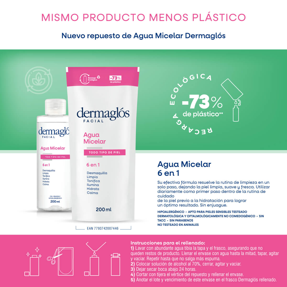 Agua Micelar Dermagl&oacute;s 6 en 1 Refill 200ml image number 5