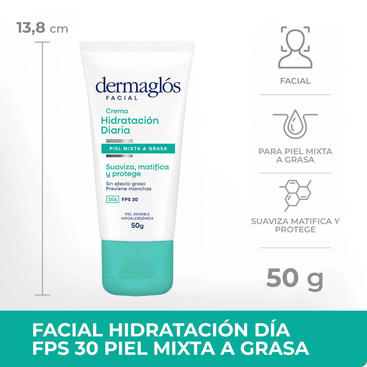 Crema Facial Hidratante Matificante D&iacute;a Dermagl&oacute;s Piel Mixta a Grasa FPS 30 50 g image number 6