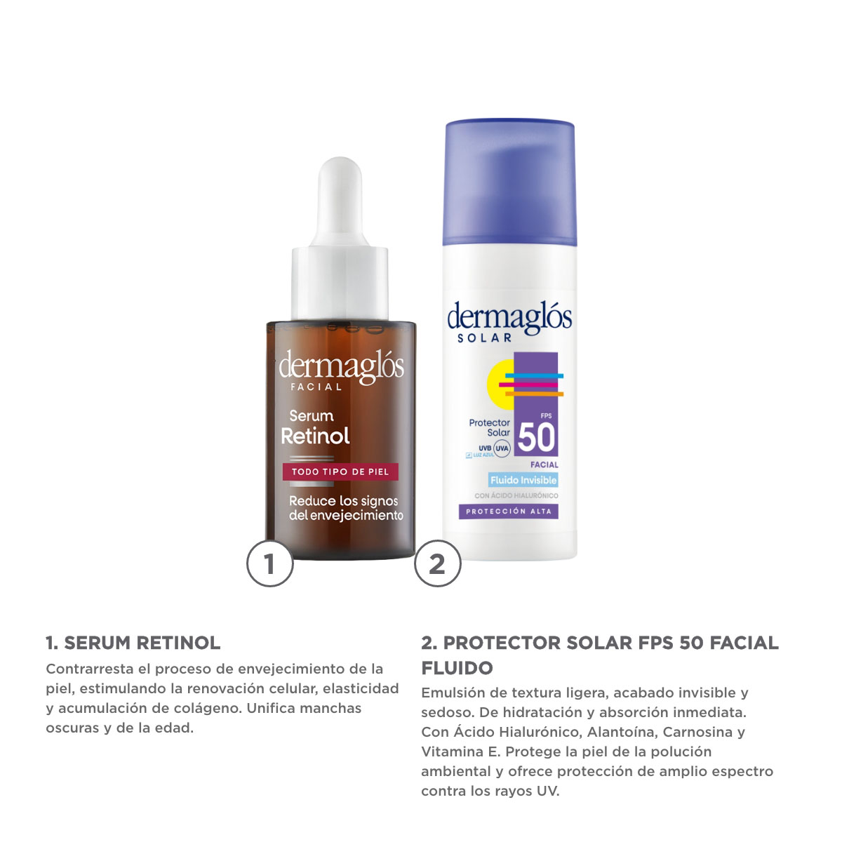 Kit Facial Dermagl&oacute;s Serum Retinol + Protector Solar Fluido image number 1