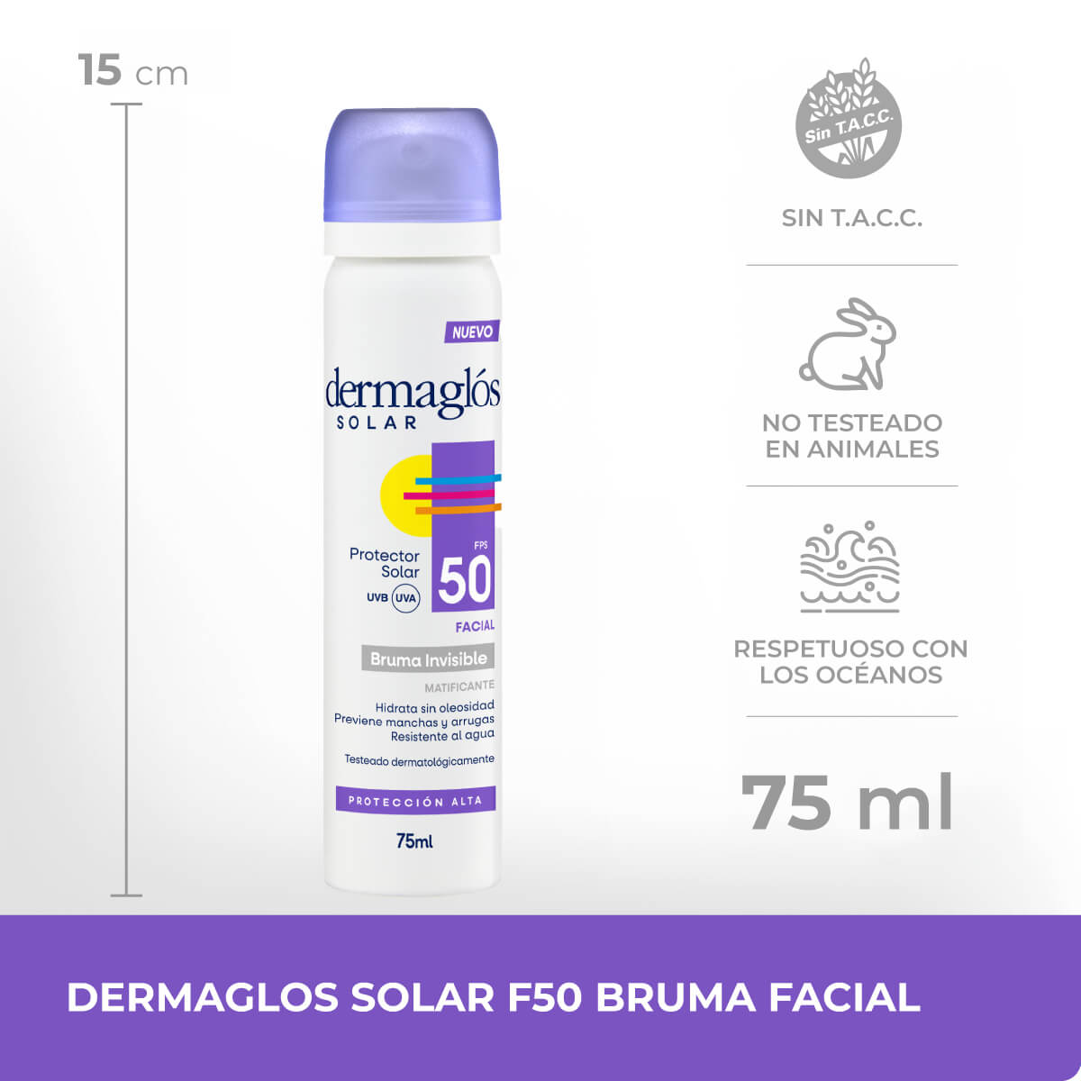 Dermagl&oacute;s Solar Protector Solar con FPS 50 Bruma Facial Emulsi&oacute;n en Spray Continuo por 75 ml image number 5