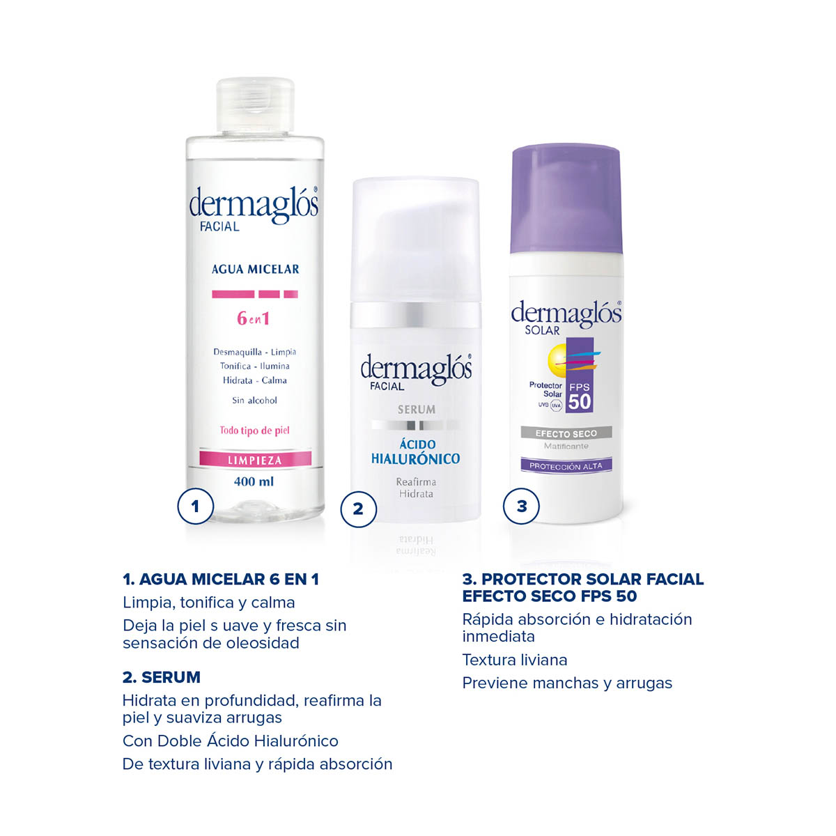 Kit Facial Dermaglós Agua Micelar + Serum + Protector Solar  image number 1