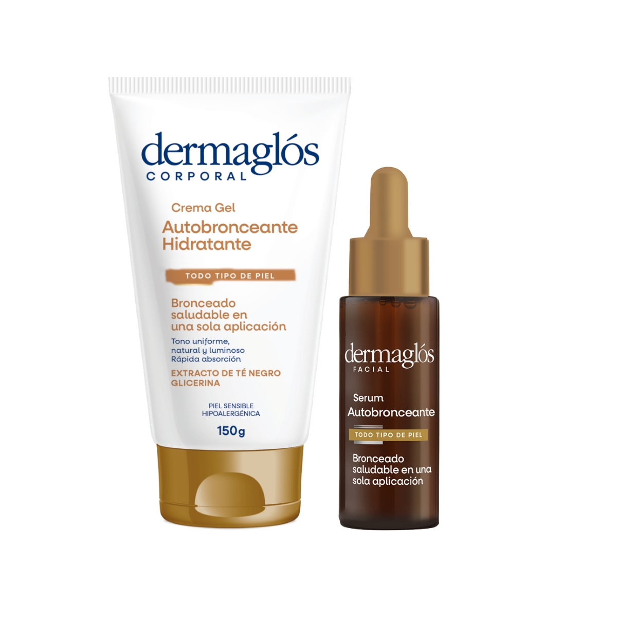 Kit Facial y Corporal Autobronceante Dermagl&oacute;s Serum + Crema