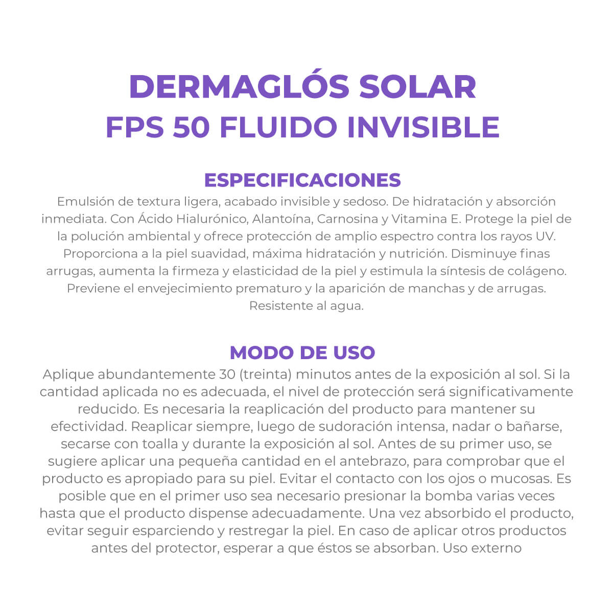 Dermagl&oacute;s Solar Protector Solar con FPS 50 Fluido Facial Emulsi&oacute;n por 50 g image number 5