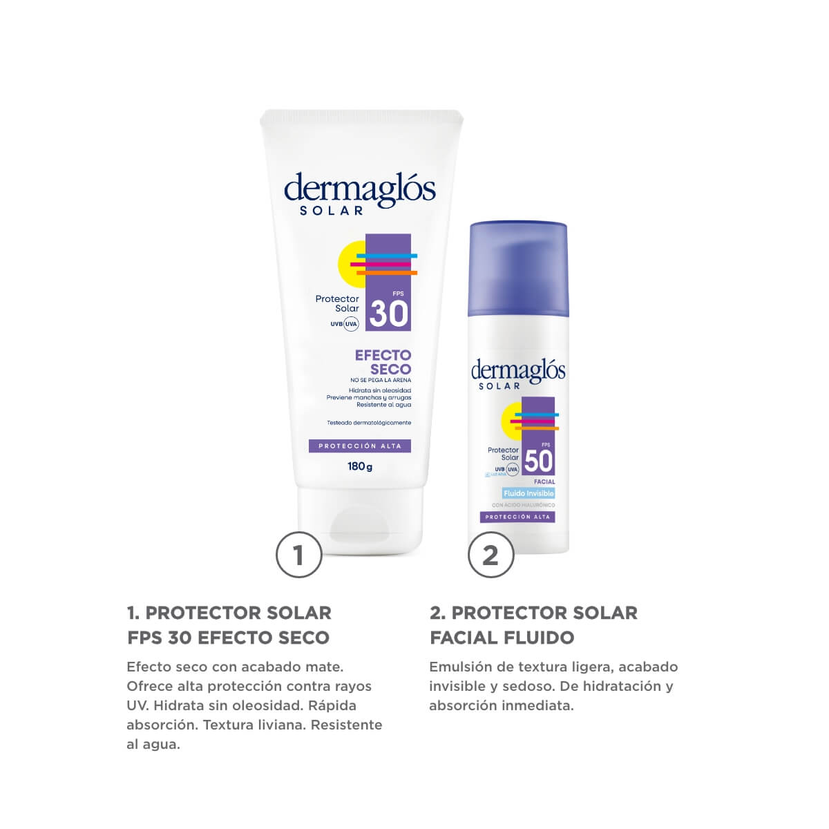 Kit Dermaglós Protector Solar Fluido 50 g + Dermaglós Protector Solar Efecto Seco FPS 30  180 g image number 1