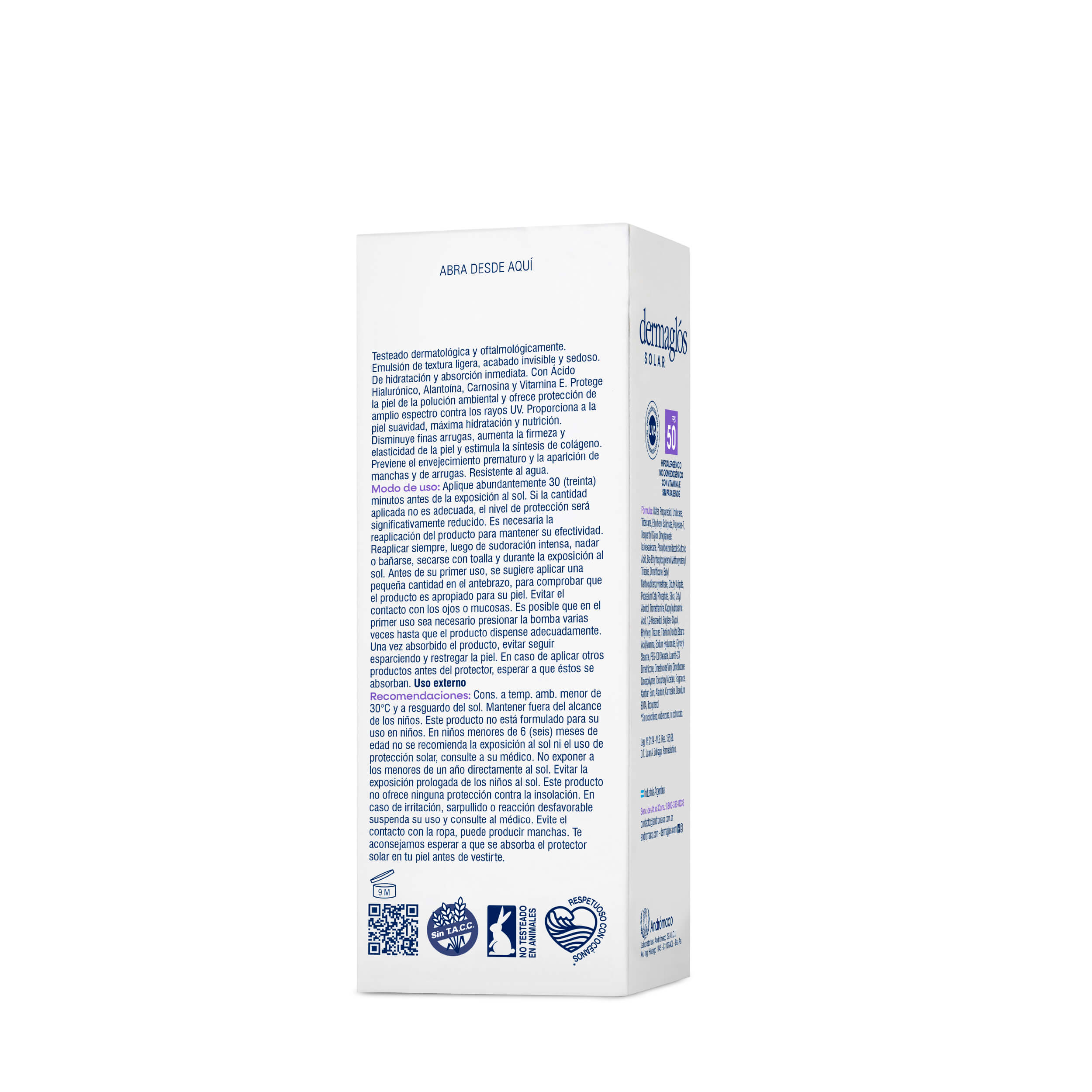 Dermaglós Solar Protector Solar con FPS 50 Fluido Facial Emulsión por 50 g image number 3