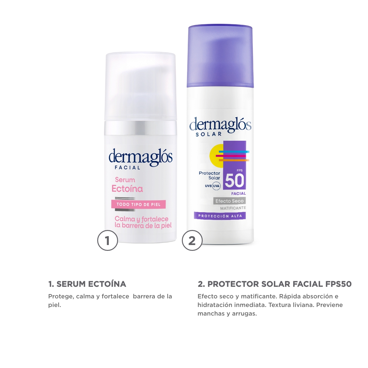 Kit Facial Dermaglós Serum Ectoína Protector Solar FPS 50 Sin Color image number 2