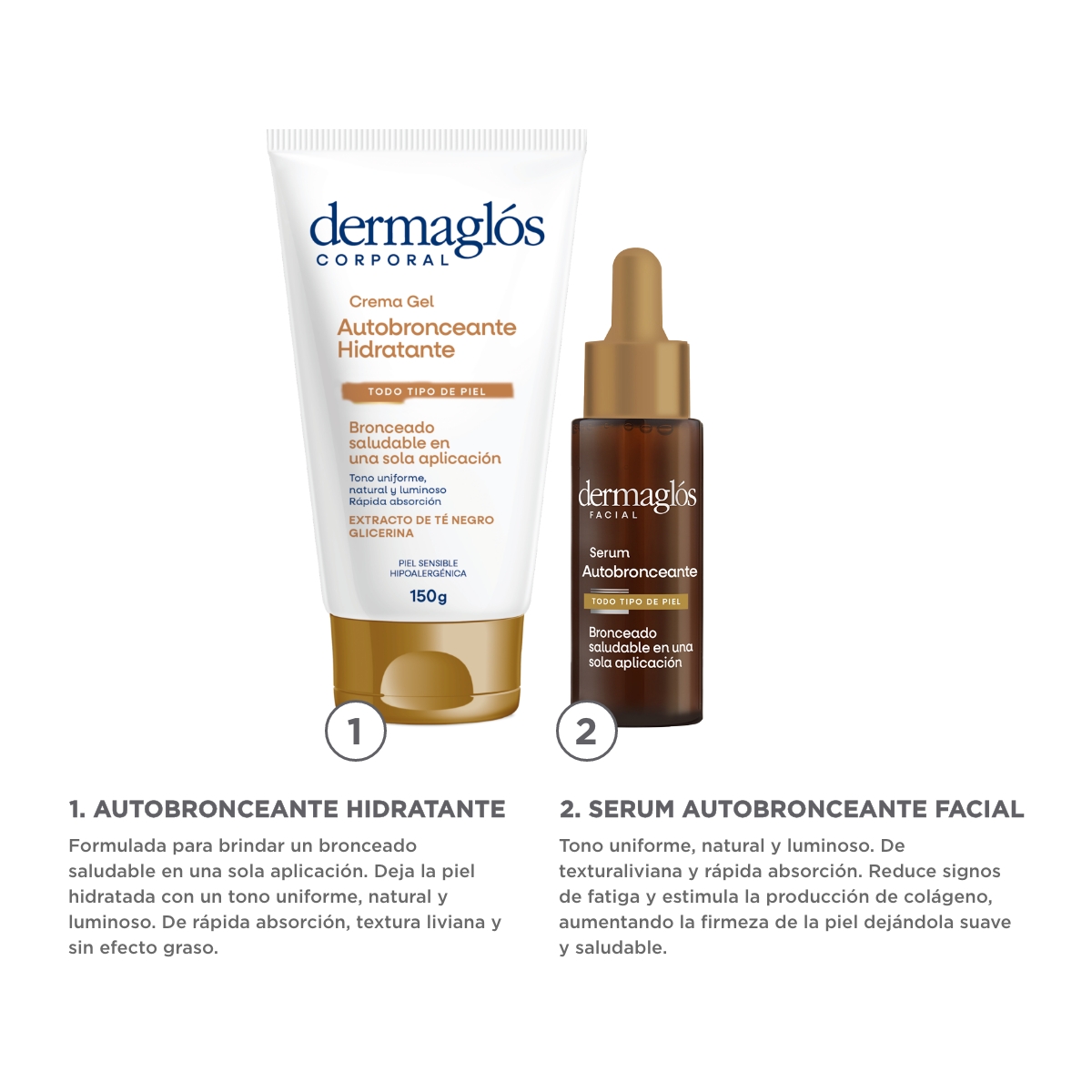 Kit Facial y Corporal Autobronceante Dermaglós Serum + Crema image number 1